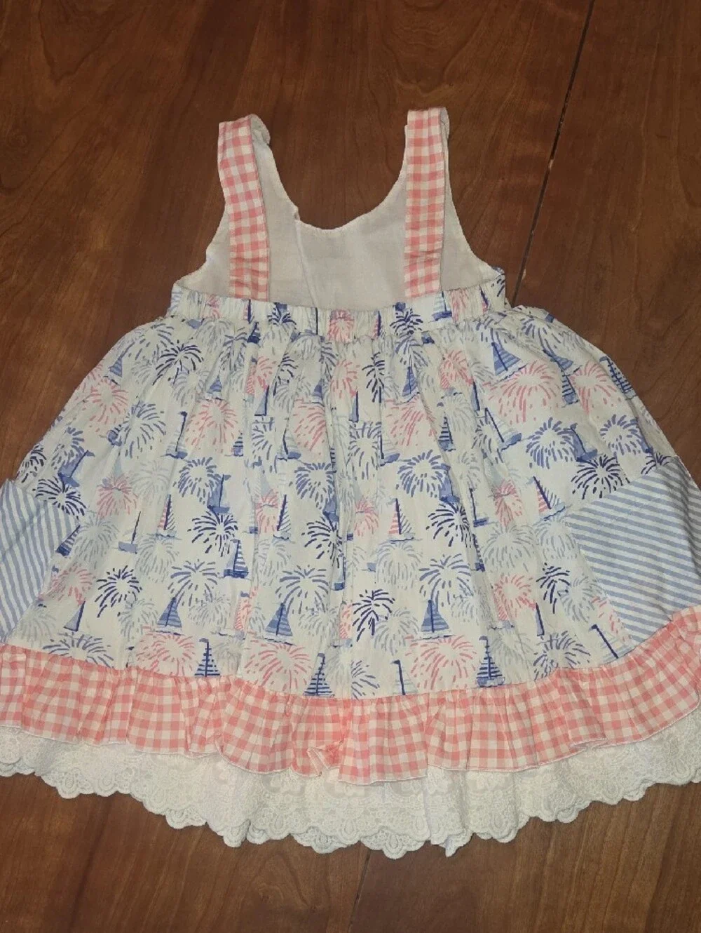 SweetHoney Pink and Blue Fireworks Print Sundress with Gingham Ruffle